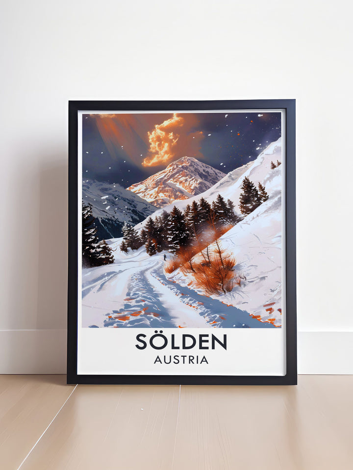 This Solden Snowboarding Poster Print brings the excitement of snowboarding at Solden Ski Resort to life. With the awe inspiring Rettenbach Glacier in the background, this vibrant artwork captures the thrill of gliding down the slopes in Austrias premier ski destination, making it an ideal piece for snowboarding enthusiasts and alpine adventurers.