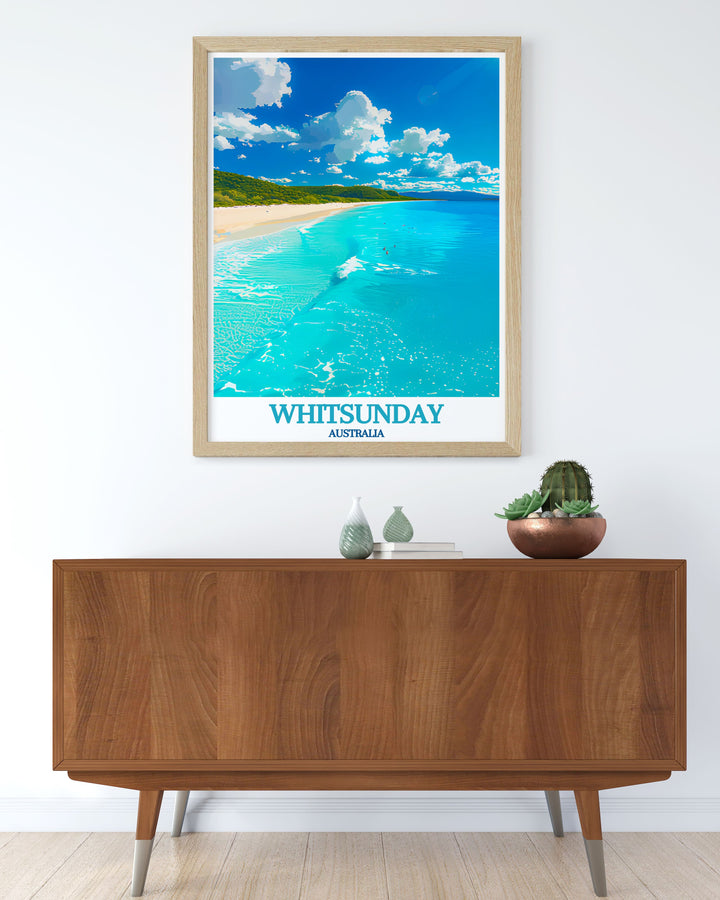 Whitehaven Beach Modern Prints from the Whitsunday Islands offer vibrant and detailed illustrations perfect for adding a touch of nature inspired beauty to your living room or office wall decor with Australian travel themes