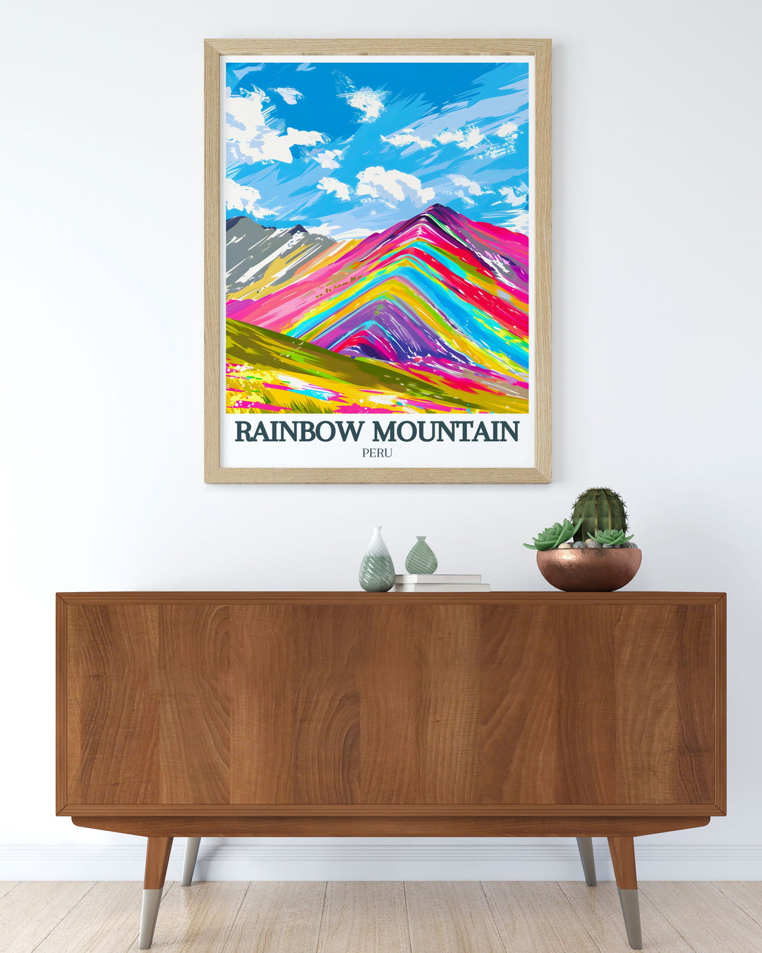 Elegant Peru poster featuring Rainbow Mountain from the Cusco region Andes Mountains ideal for travel lovers and those seeking unique wall art inspired by the majestic Andes.