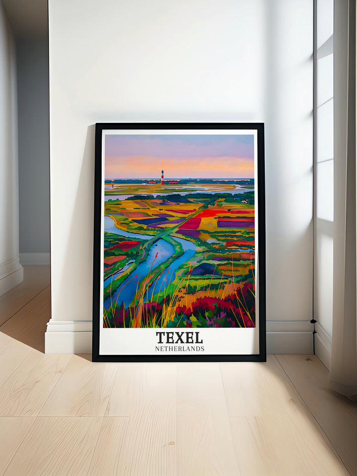 Texel Island and North Sea art deco travel posters showcasing vibrant landscapes and iconic landmarks of Texel National Park in the Netherlands. These framed travel posters are ideal for adding a touch of elegance to your wall decor. Experience the charm of Texel Island through our beautifully crafted art deco travel posters.