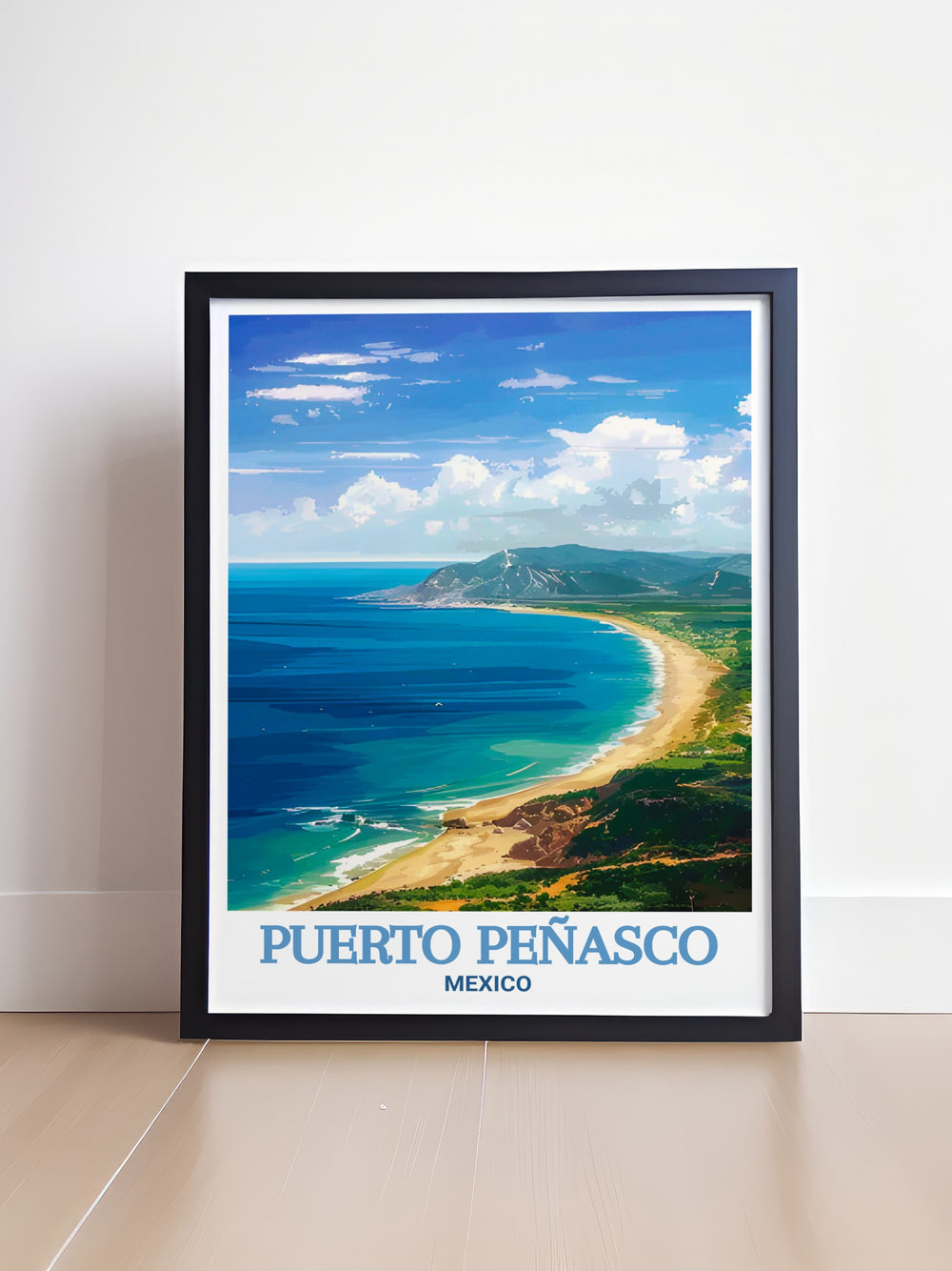 Framed art of Puerto Peñasco showcasing the timeless charm of Cholla Bay, with its serene beach scenes and stunning coastal views. This detailed artwork is a beautiful representation of one of Mexicos most beloved beach destinations, making it a perfect addition to any coastal themed decor.