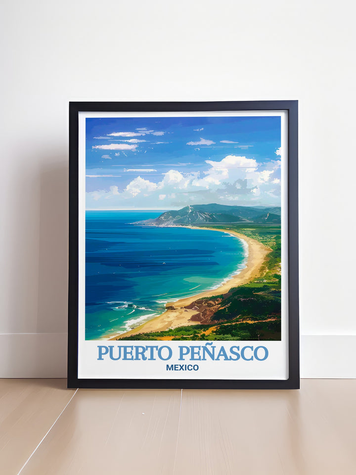 Framed art of Puerto Peñasco showcasing the timeless charm of Cholla Bay, with its serene beach scenes and stunning coastal views. This detailed artwork is a beautiful representation of one of Mexicos most beloved beach destinations, making it a perfect addition to any coastal themed decor.