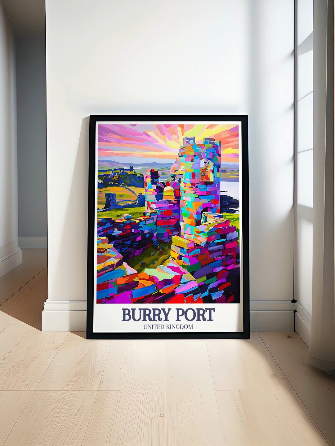 Beautiful Burry Port print showcasing the serene coastal beauty of Carmarthenshire perfect for beach art and coastal decor enthusiasts featuring Kidwelly Castle and Mwnt