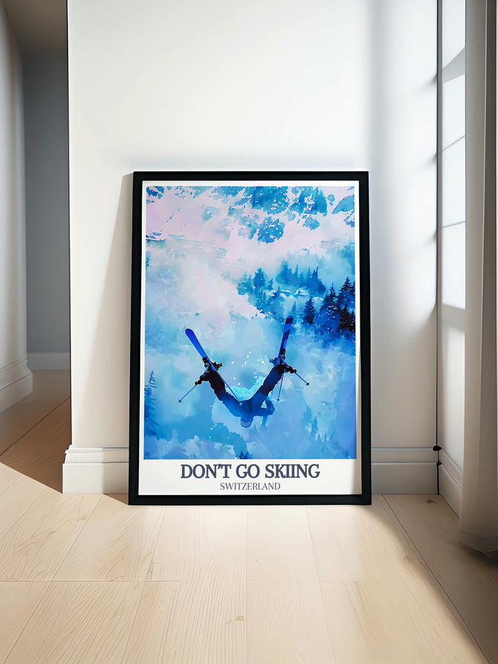 A vintage ski poster featuring the iconic slopes of Zermatt, Switzerland. Perfect for home decor, this skiing wall art adds a nostalgic touch to any room. Ideal for ski enthusiasts and fans of retro designs, showcasing the charm of this famous ski resort.