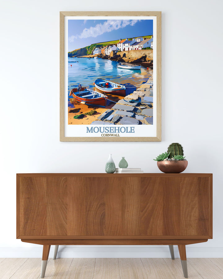 Mousehole Harbour Modern Prints showcasing the serene beauty of Mousehole in Cornwall elegant prints perfect for adding sophistication to your living room decor a stunning addition to your home or as a thoughtful gift