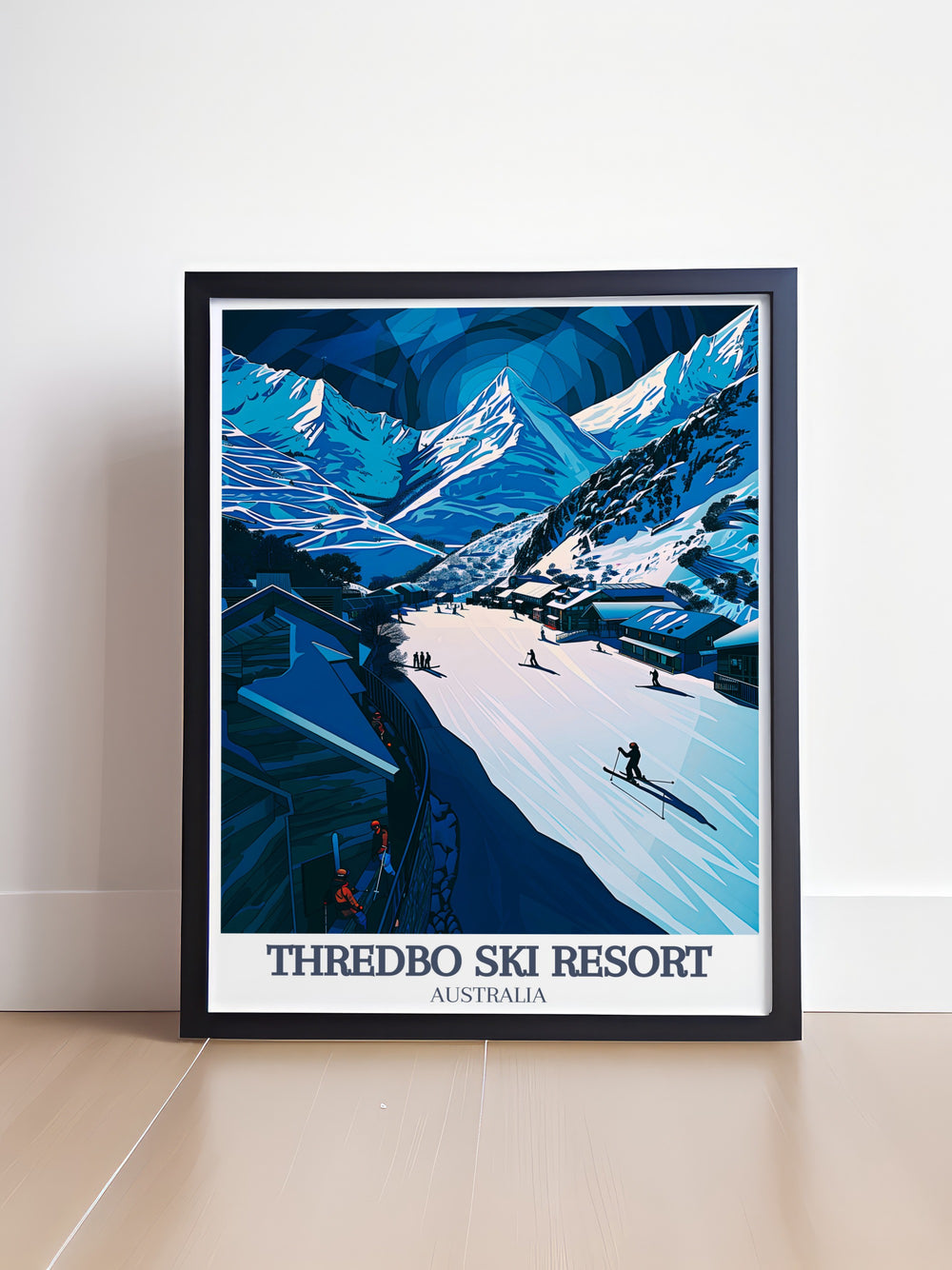 Thredbo Ski Resort poster print captures the stunning views of the Australian Alps, featuring snow covered slopes and Thredbo Village, a popular skiing destination. Perfect for ski lovers and fans of winter sports, this travel print brings the serene beauty of the Snowy Mountains right into your home décor.