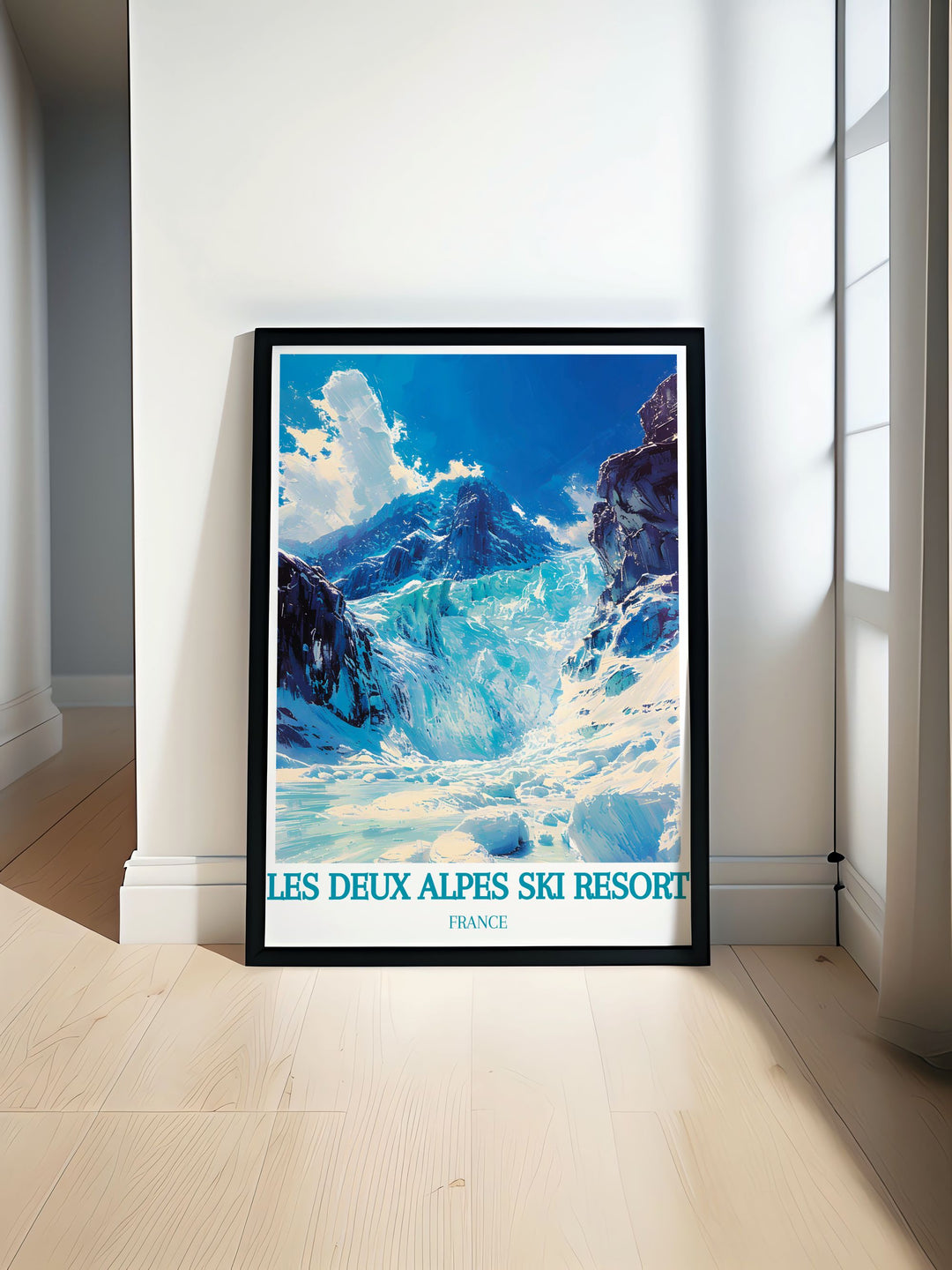 Experience the thrill of skiing in the French Alps with this detailed poster of Les Deux Alpes, capturing the resorts lively atmosphere and extensive pistes, perfect for your home decor.