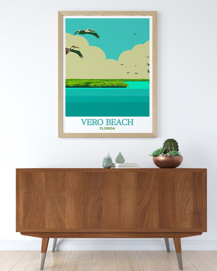 Pelican Island travel print showcasing the natural wetlands and diverse birdlife of this national refuge. Ideal for anyone who loves wildlife art and Florida travel posters, this print is a perfect blend of nature and art.