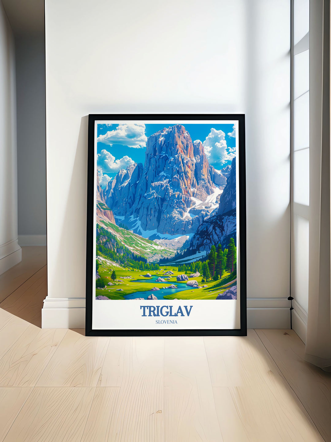 Triglav Peak modern print featuring Mount Triglav in Slovenia with stunning views of the Julian Alps and Lake Bled perfect for adding an adventurous touch to your living room decor or as a gift for mountain climbing enthusiasts and nature lovers.