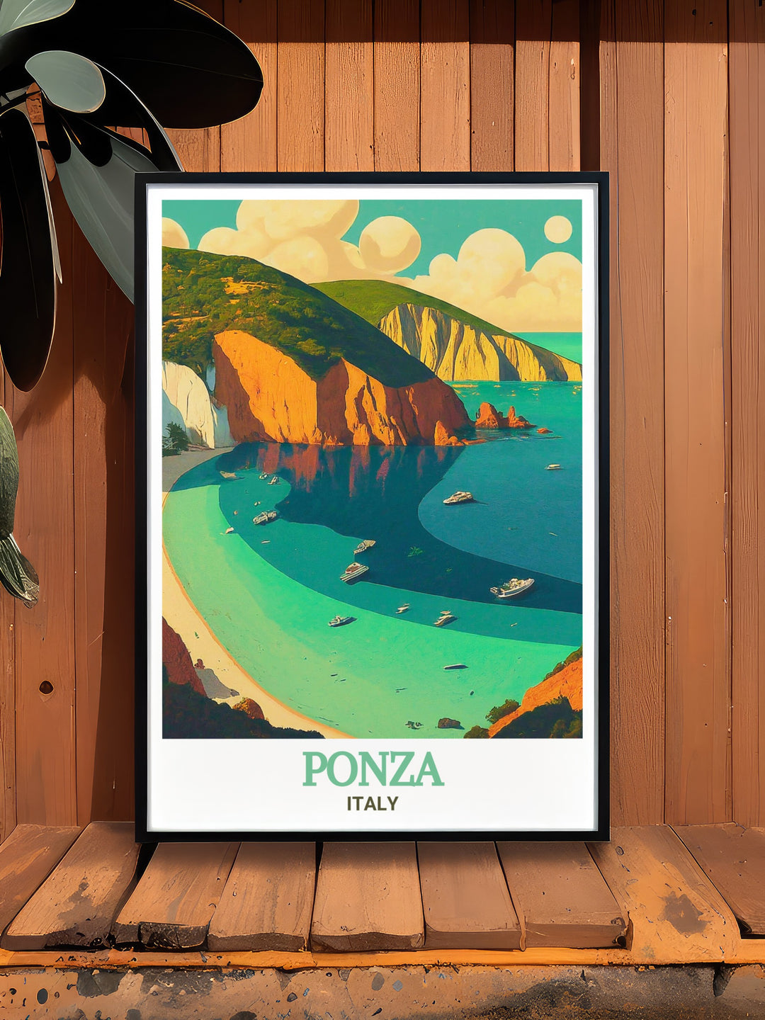 Chiaia di Luna in Ponza, Italy, is a beach like no other, with its steep cliffs and tranquil waters. This print captures the essence of this beautiful spot, offering a glimpse into the serene landscapes that define Italys coast. Ideal for creating a calming atmosphere in your home, this artwork celebrates the timeless beauty of Ponza.