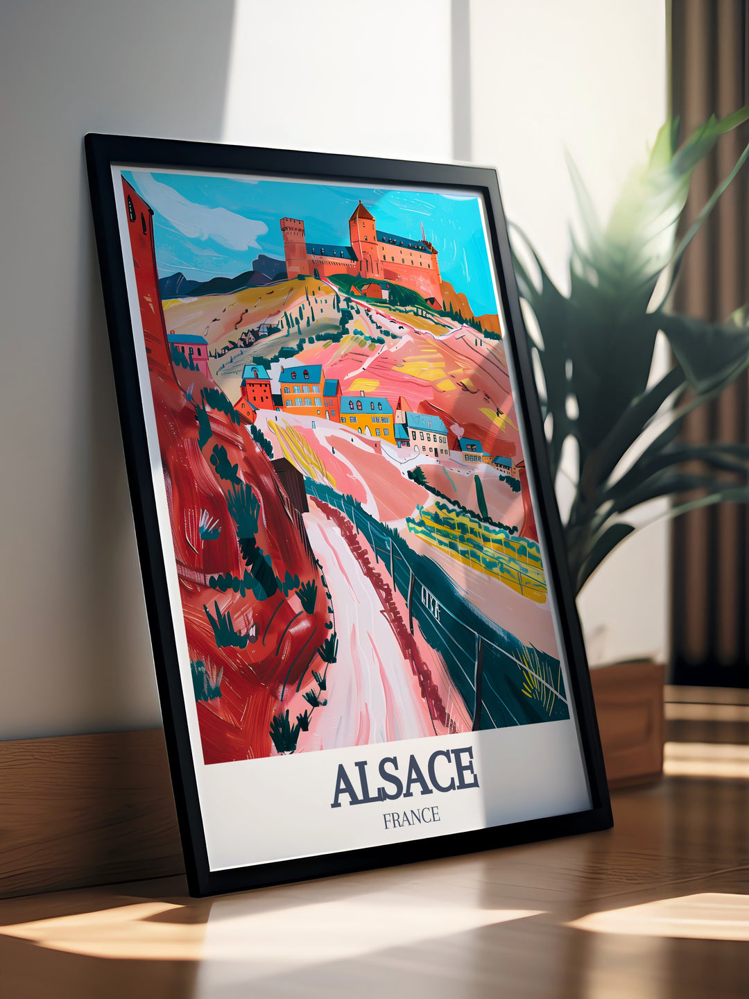 Alsace France Poster highlighting Chateau du Haut Koenigsbourg and Alsace Wine Route. This travel print makes a beautiful home decor piece and an ideal gift for those who appreciate the charm and elegance of French heritage.