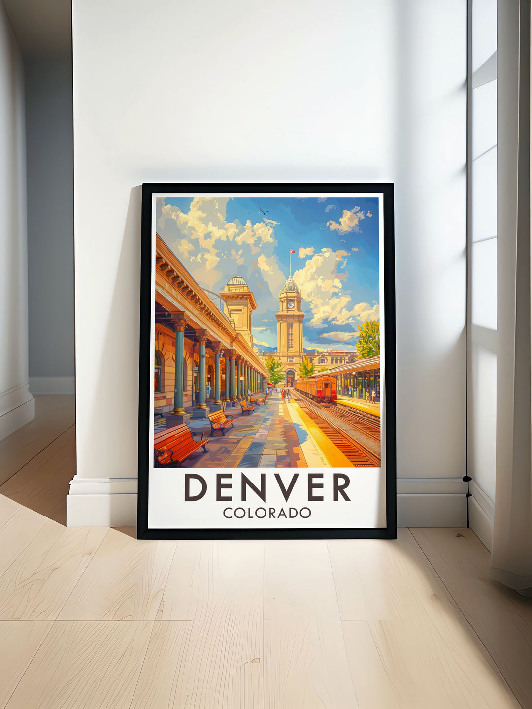Boulder Colorado comes to life in this travel poster, featuring its vibrant downtown and breathtaking mountain views, perfect for adding a touch of natural beauty to your decor.