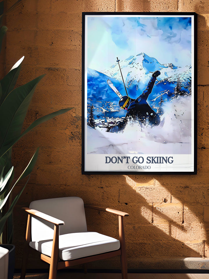 Aspen, Colorado, USA skiing wall art that captures the fun and excitement of the ski resort. This framed print is perfect for any ski lovers home decor, offering a blend of modern art and vintage charm. A great gift for anyone who enjoys the winter sports scene.