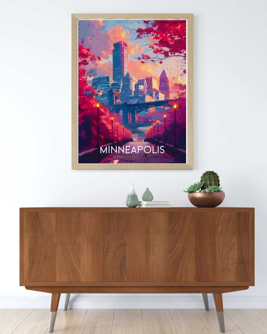 This vibrant art print of the Minneapolis Skyline highlights the citys architectural innovation and vibrant energy, making it a standout piece for those who appreciate modern urban environments.