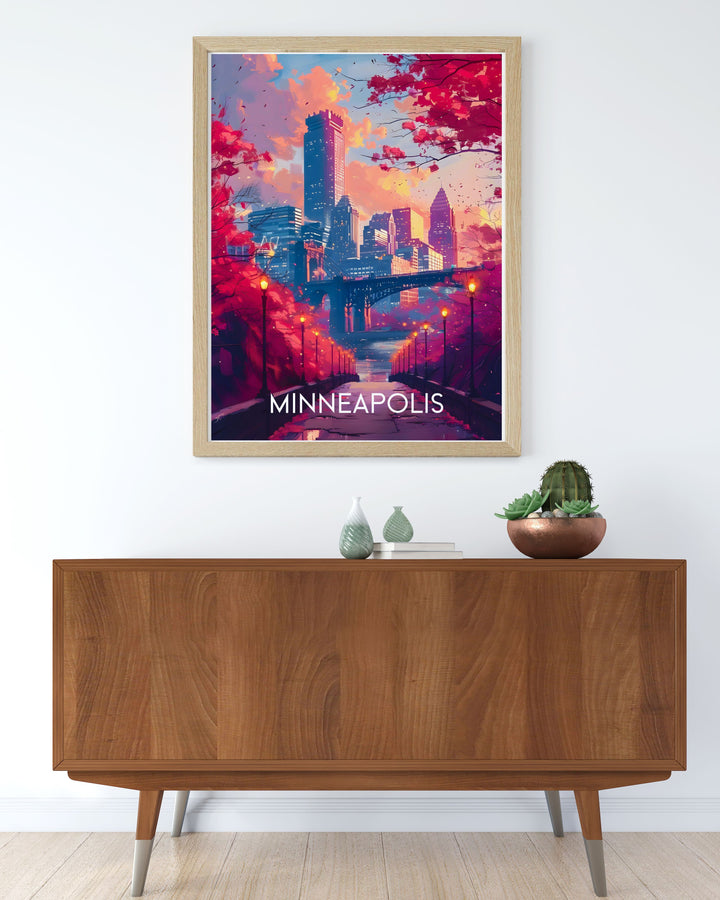 This vibrant art print of the Minneapolis Skyline highlights the citys architectural innovation and vibrant energy, making it a standout piece for those who appreciate modern urban environments.