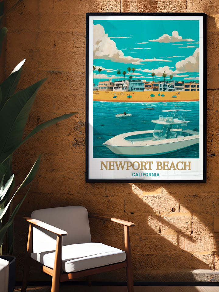 Modern Balboa Island poster featuring the lively and scenic Newport Beach. This print is designed to complement various interiors and bring a slice of Californias coastal magic into your home. Perfect for creating a warm and inviting atmosphere.