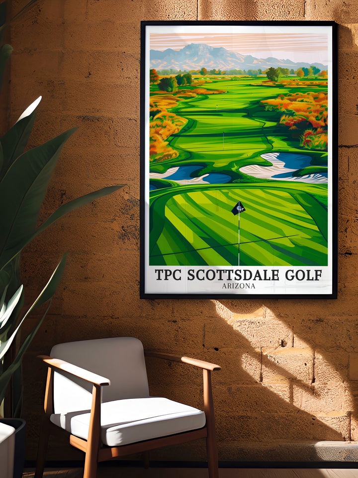 TPC Scottsdale golf course poster print featuring the iconic par 3 16th hole, set against the stunning backdrop of the McDowell Mountains. Perfect for golf enthusiasts and nature lovers alike, this artwork captures the beauty of Arizonas famous golf course and the thrill of the sport.