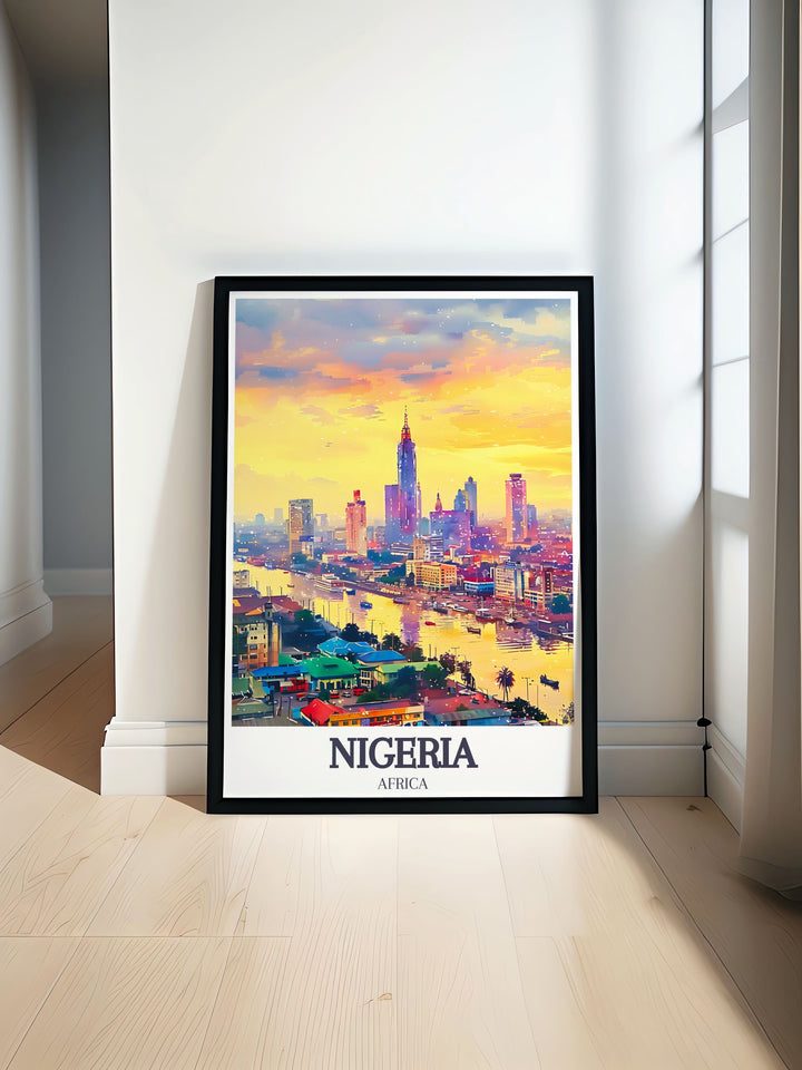 Experience the vibrant life of Lagos and Victoria Island with this stunning Nigeria poster ideal for adding a touch of elegance to your living room or office decor perfect for travel enthusiasts and art lovers.