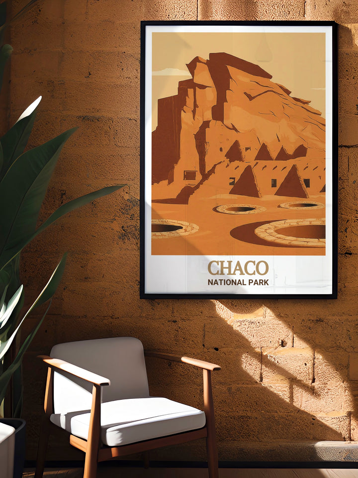 Custom wall art depicting the historic Chetro Ketl ruin in Chaco National Park, Argentina. This travel poster is ideal for those who appreciate Argentinas rich heritage and want to celebrate its beauty in their living space.