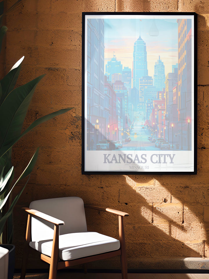 Missouri travel poster capturing the lively energy of Kansas Citys Main Street and skyline. The vibrant colors and detailed architecture make this print a must have for anyone who appreciates urban landscapes and Missouris cultural heritage.