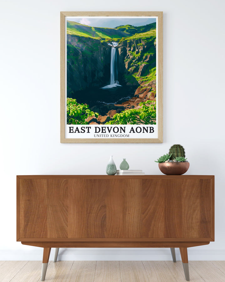 Elegant Spekes Mill Mouth Waterfall Perfect Wall Decor showcasing the serene and dramatic beauty of the cascading waterfall against the backdrop of Devon Countryside this artwork adds a refined touch to any room