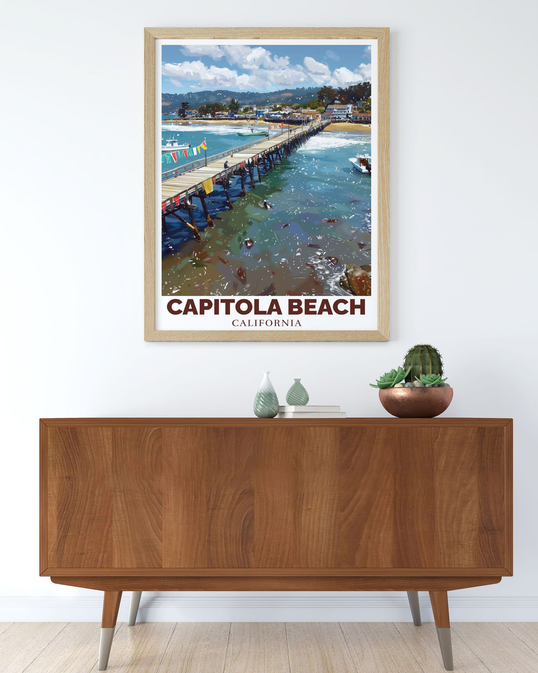 Stunning Capitola Wharf Art featuring detailed artwork that highlights the Wharfs charm and allure a must have for beach lovers and anyone who dreams of experiencing the scenic beauty of Californias coastal gems