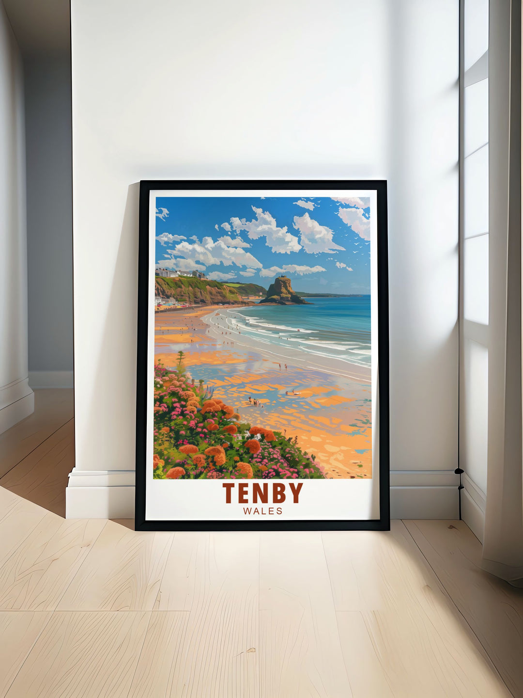 Retro travel poster featuring Tenby North Beach with Tenby Castle in the background. This vintage travel print captures the stunning beauty of the Pembrokeshire Coast in Wales perfect for anyone looking to bring coastal charm to their home decor.