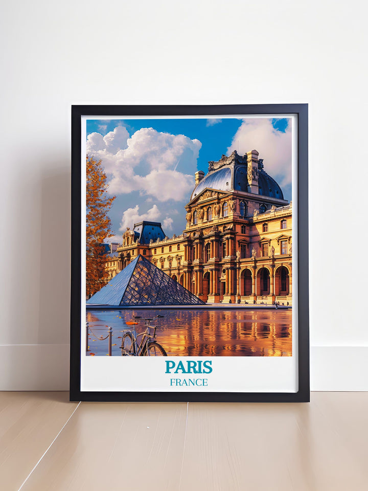 Elegant Louvre Museum Framed Print with vibrant colors depicting the essence of Paris. A perfect addition to your living room or a unique gift for friends who love Parisian art.