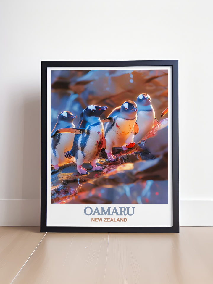 Blue Penguin Canvas Art highlighting the playful nature of Oamarus Blue Penguins as they navigate the coastal terrain. This canvas art piece is perfect for those who love New Zealands wildlife and want to bring its vibrant beauty into their home.