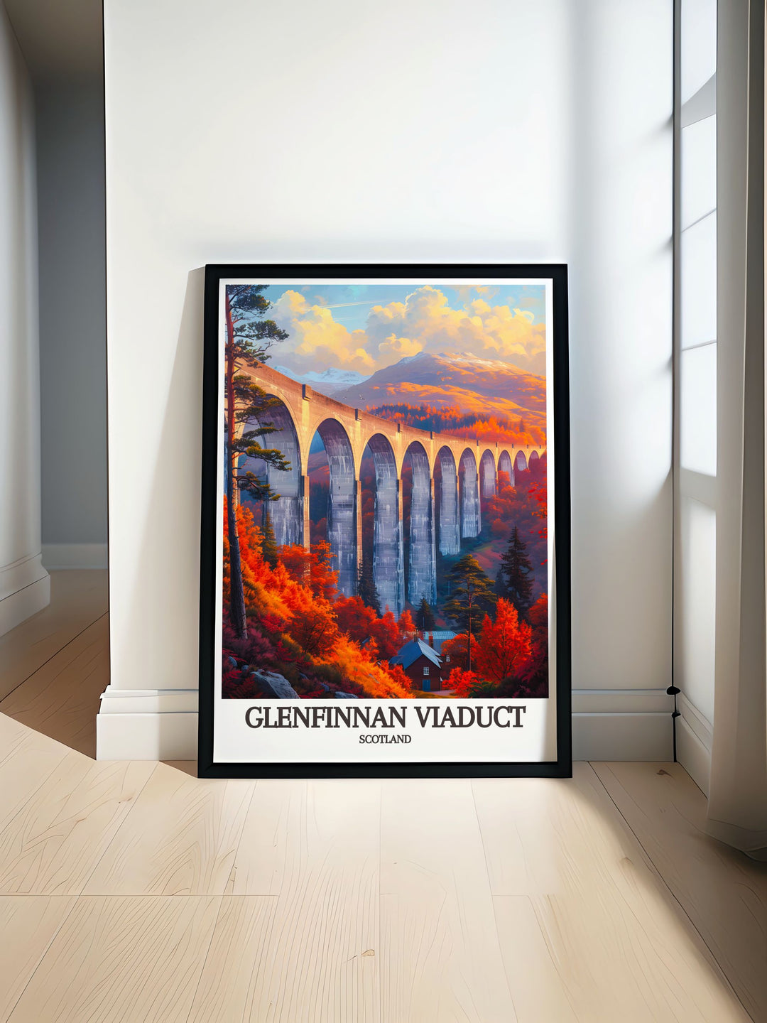 Modern wall decor of the Glenfinnan Viaduct, capturing the serene beauty of its surroundings and the iconic structure itself, perfect for bringing a piece of Scotlands heritage into your home.