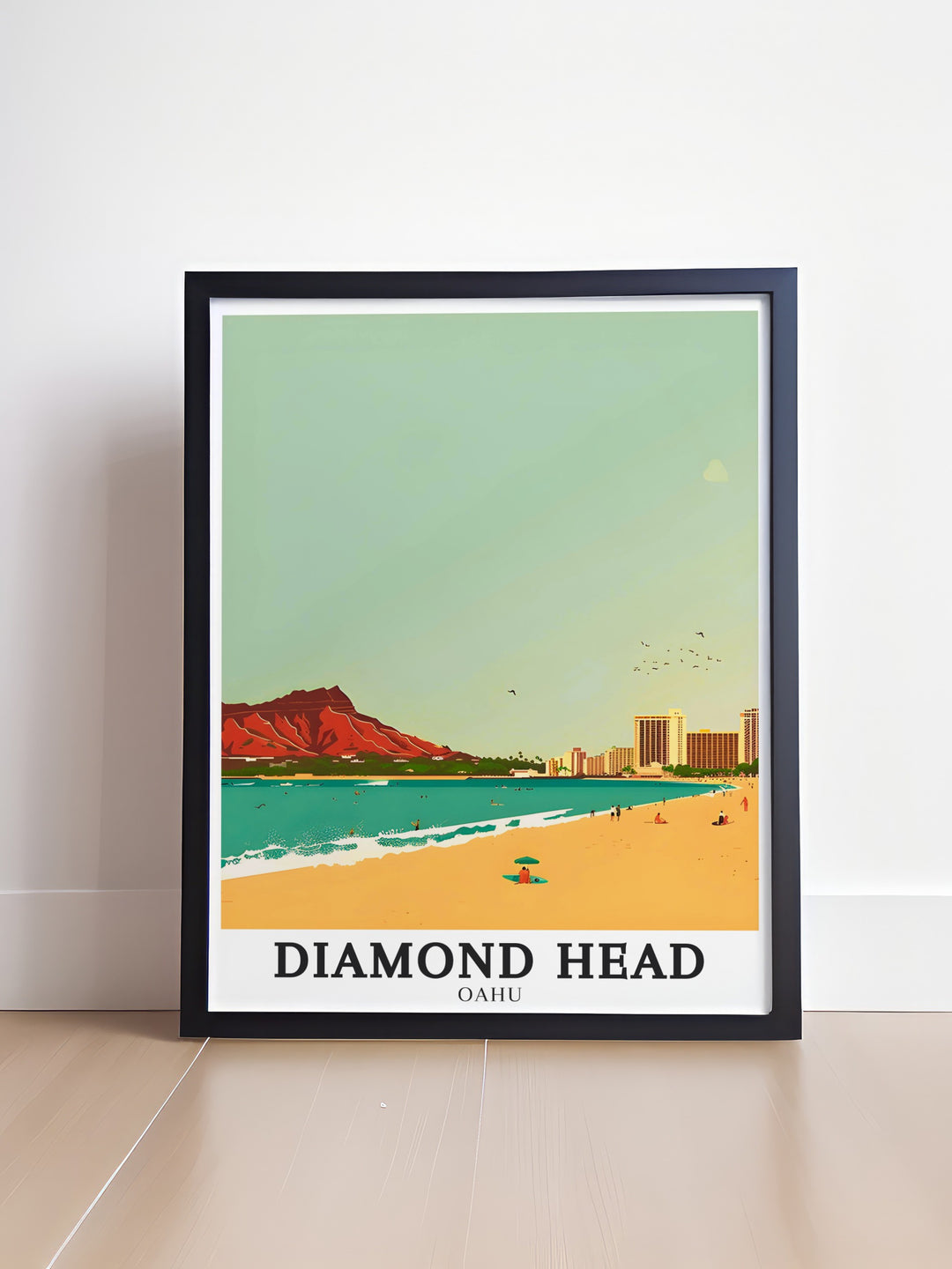 Featuring the iconic views of Diamond Head, Waikiki Beach, and Honolulu, this travel poster captures the tropical allure of Hawaii, perfect for any beach lover or travel enthusiast.