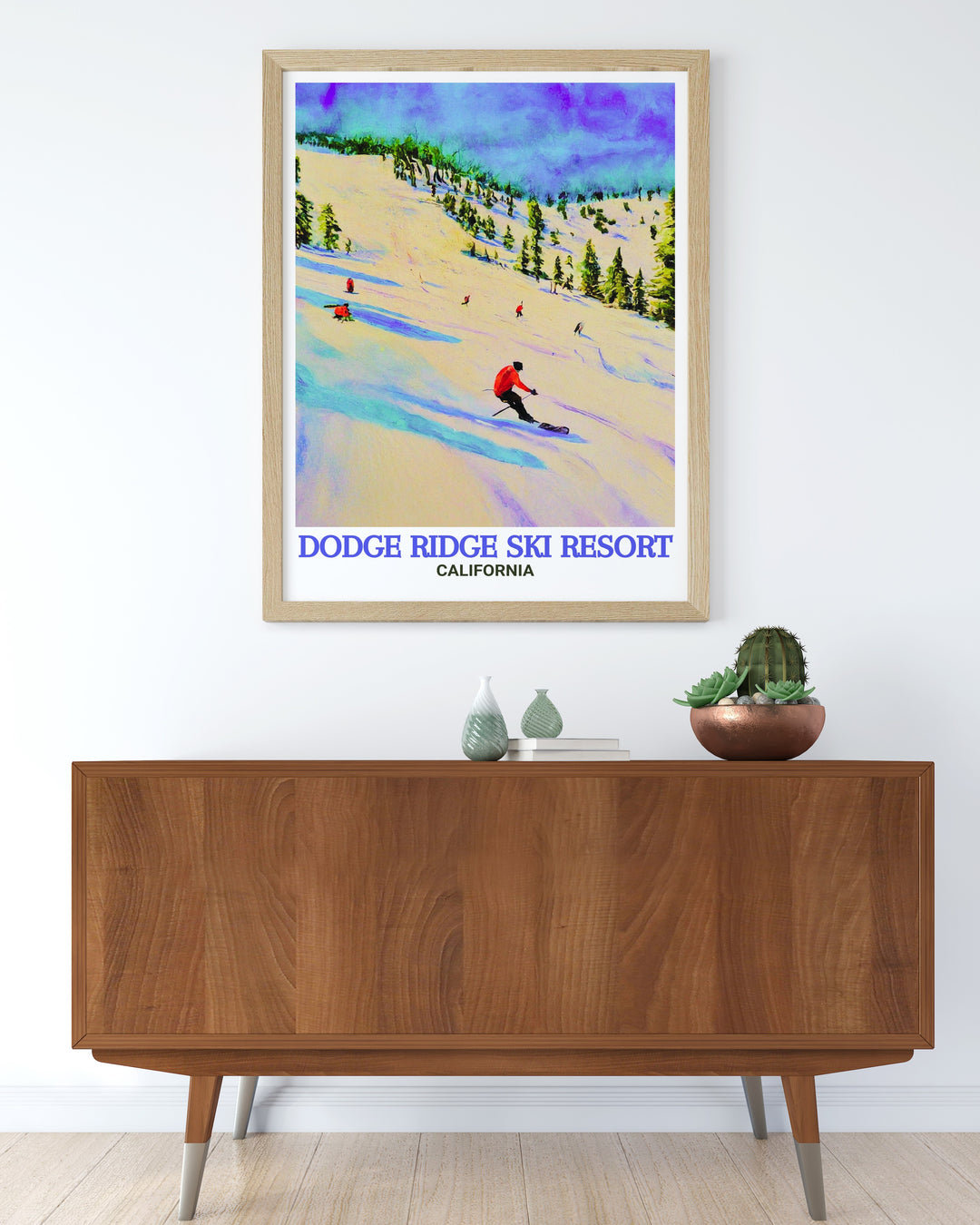 Retro ski poster featuring Dodge Ridge Ski Resort, highlighting the charm of vintage ski culture with bold colors and detailed illustrations. This artwork captures the essence of a perfect winter getaway, making it a captivating piece for any room.