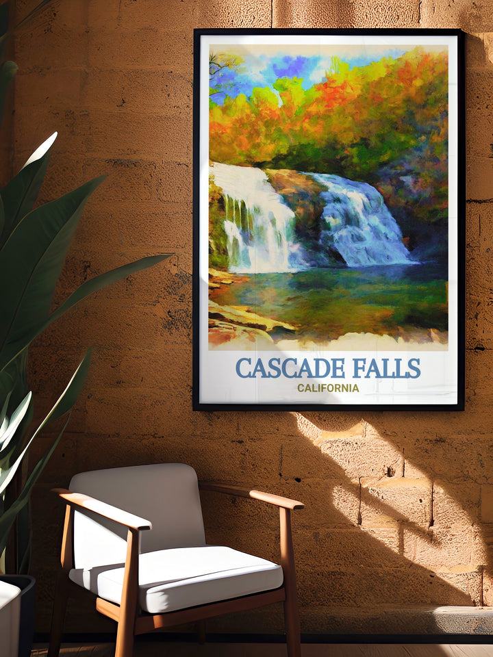 Transform your living room with the Cascade Falls art print a beautiful representation of Californias natural wonders Upper Cascade Falls elegant home decor adds a modern touch making it a perfect choice for stylish and nature inspired interiors.