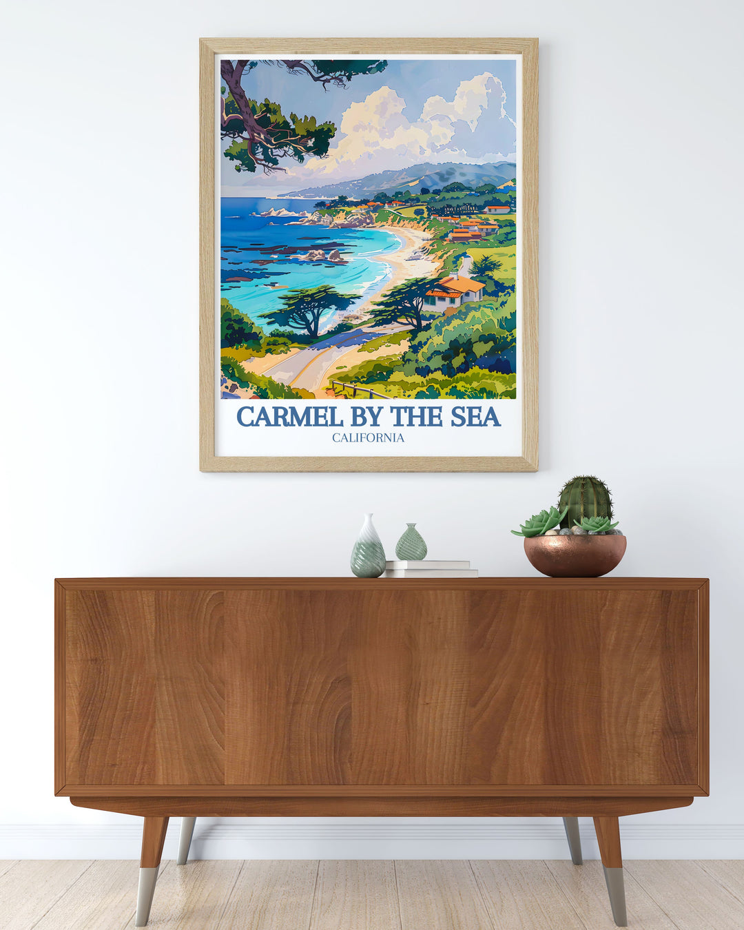 This travel poster beautifully depicts the charm of Carmel by the Sea, with its unique architecture and lush gardens, making it an ideal piece for art lovers and collectors. Bring the storybook charm of Carmel into your home with this stunning print.