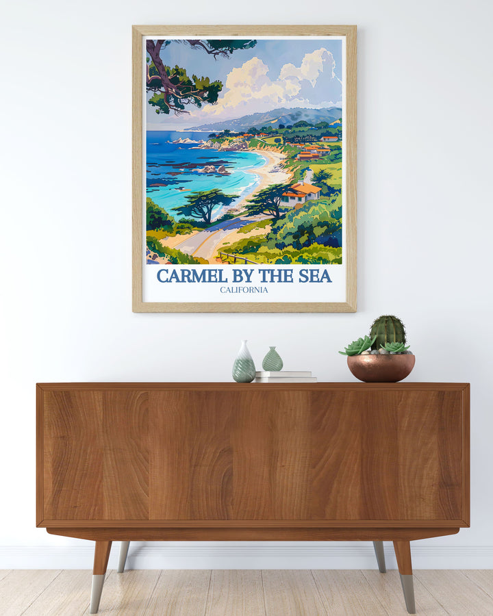 This travel poster beautifully depicts the charm of Carmel by the Sea, with its unique architecture and lush gardens, making it an ideal piece for art lovers and collectors. Bring the storybook charm of Carmel into your home with this stunning print.