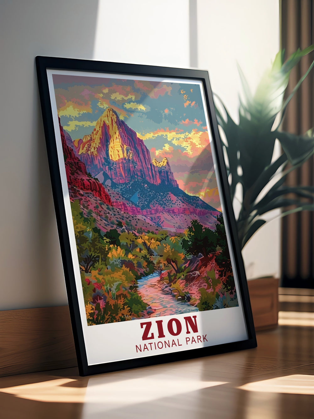 The Watchman in Zion National Park is beautifully illustrated in this travel poster, capturing the towering cliffs and serene landscape. This artwork brings the parks stunning scenery to life in your home.