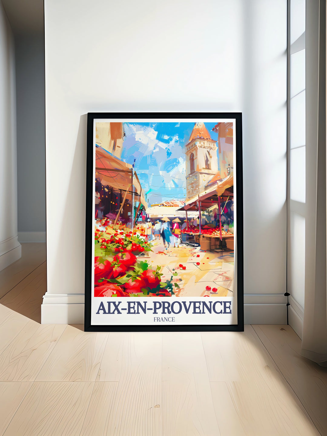 Colorful art print of Aix market Town Hall Square showcasing vibrant market stalls and historic architecture perfect for adding a touch of Provence to your home decor and making an ideal gift for art lovers