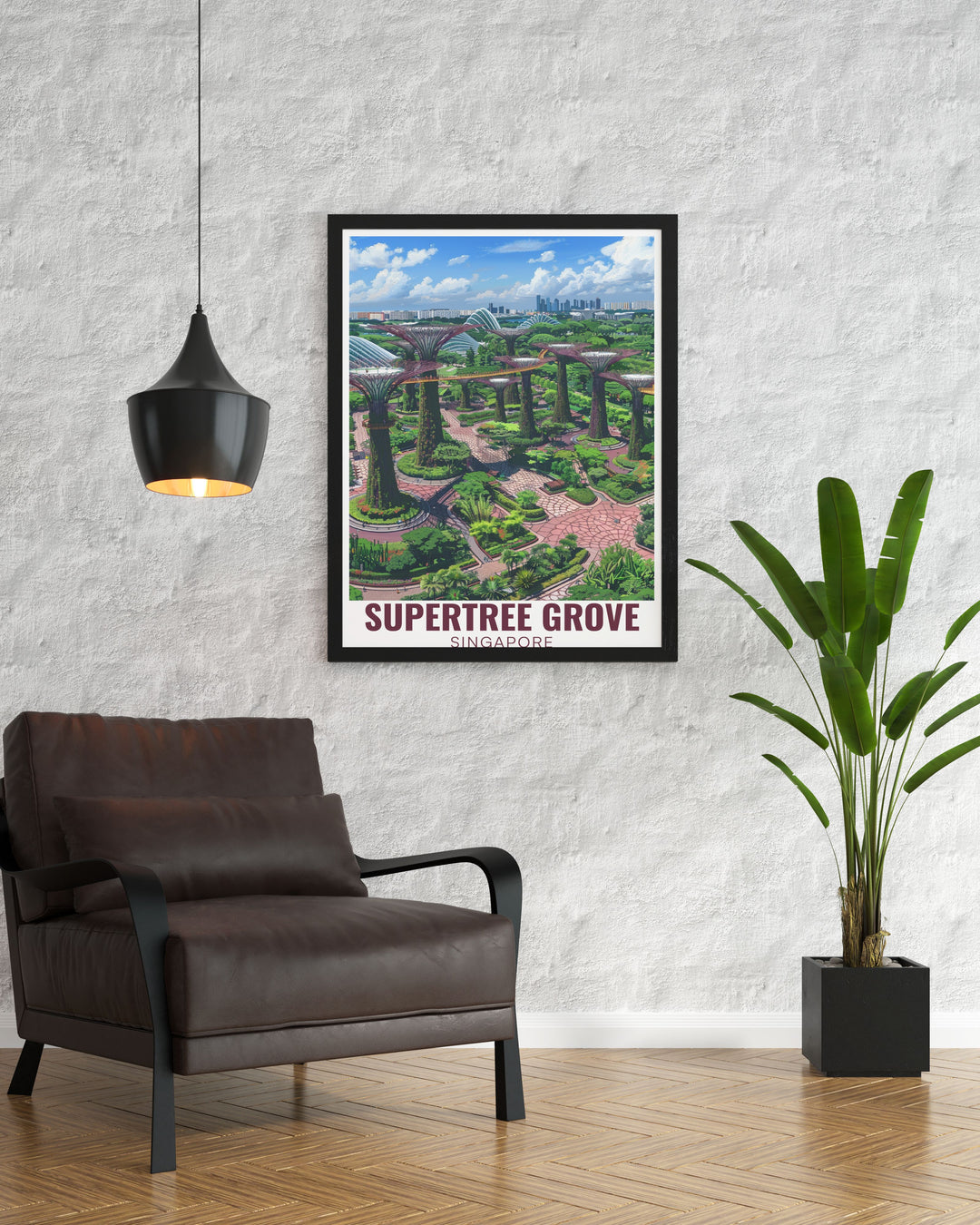 Modern art print of Supertree Grove in Singapore captured from an aerial view. A perfect gift for travelers and art lovers this poster makes a striking addition to any wall decor collection.