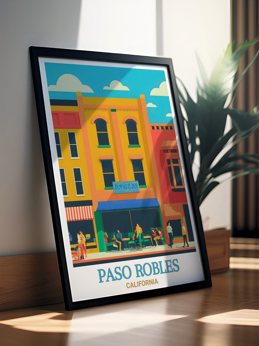 Showcase the beauty of Paso Robles with this striking travel print. Featuring a detailed depiction of its downtown area, this artwork is a beautiful way to celebrate Californias Central Coast.