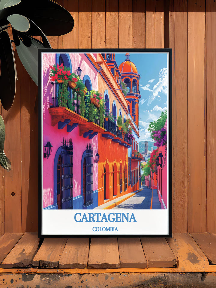 Experience the allure of Cartagenas old town with this detailed travel poster, featuring its historic streets and hidden courtyards. Perfect for those who cherish cultural heritage and scenic views, this artwork adds a touch of historic charm to any room.