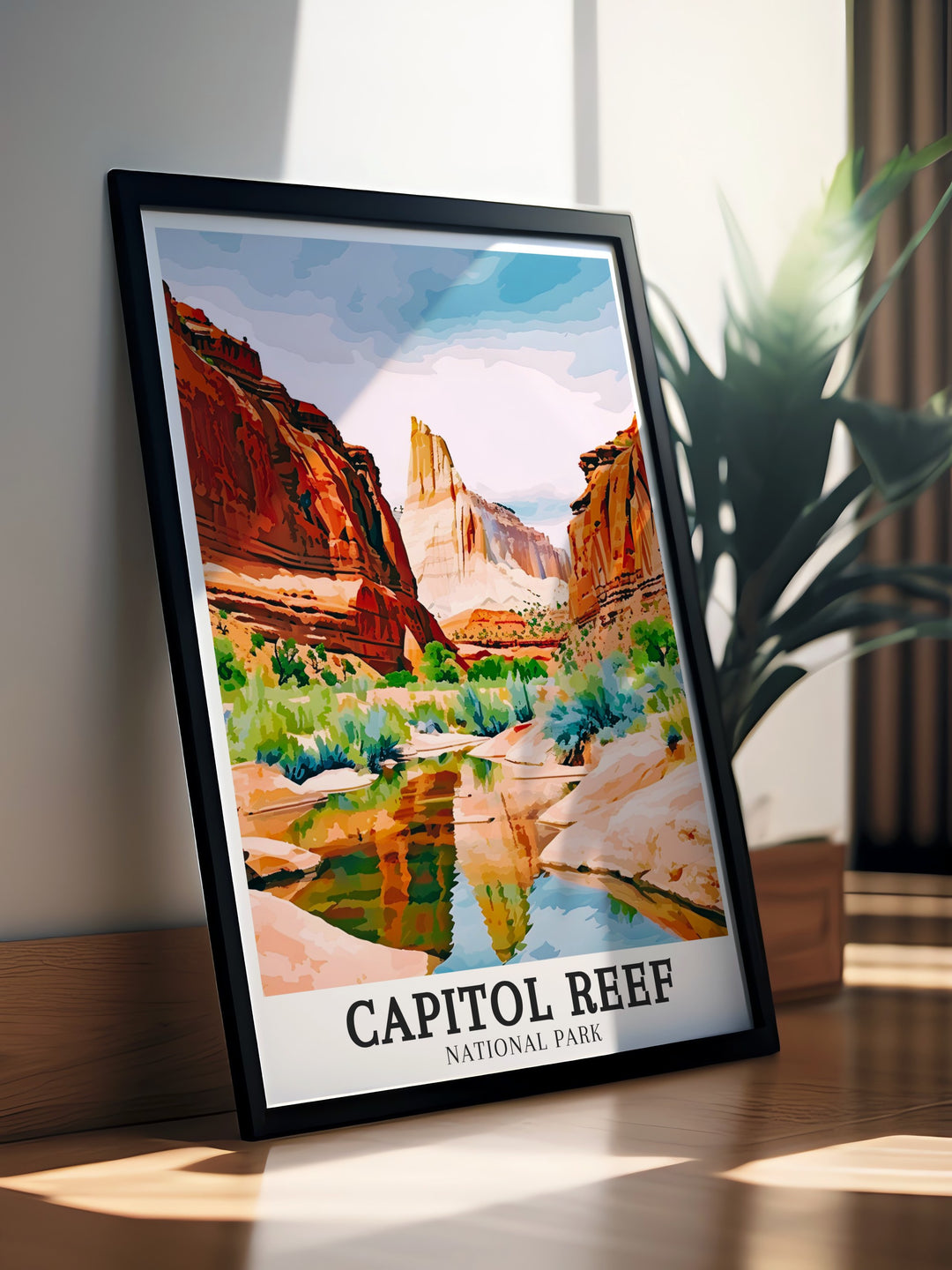 Capitol Reef Poster Print captures the rugged beauty of Utahs Capitol Reef National Park, highlighting the stunning Waterpocket Fold and Lower Muley Twist Canyon. This print brings the parks striking geological formations into your home.