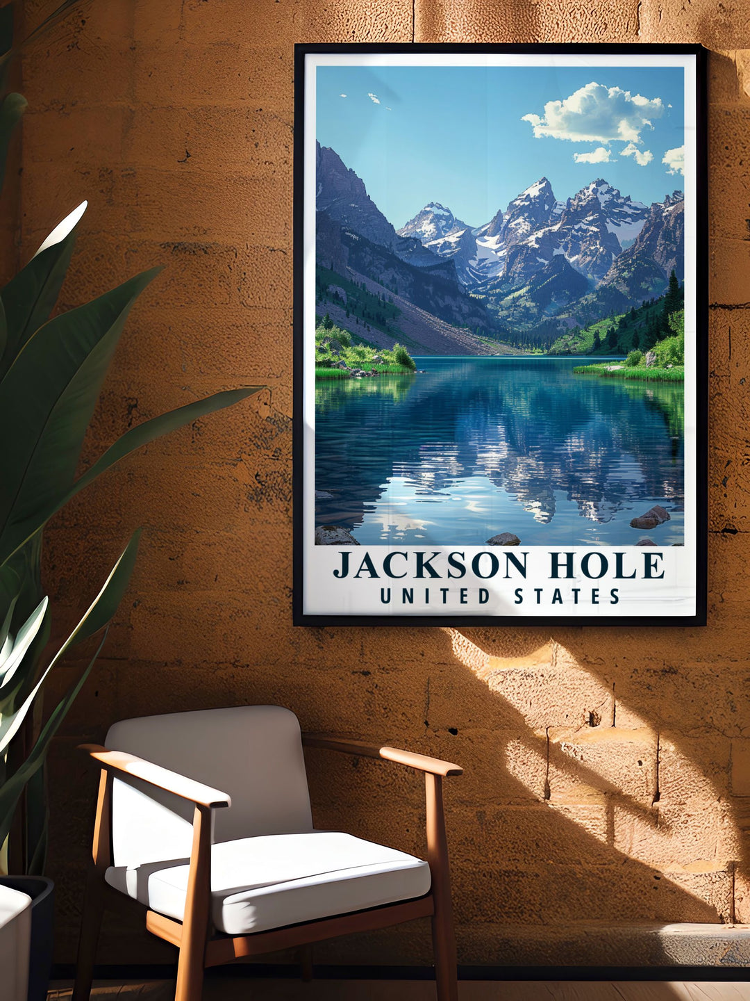 Experience the wild beauty of Wyoming with this Jackson Hole poster print. Featuring Grand Teton National Park, this travel art captures the vast, rugged landscapes of the American West, making it the perfect addition to any nature lovers collection.