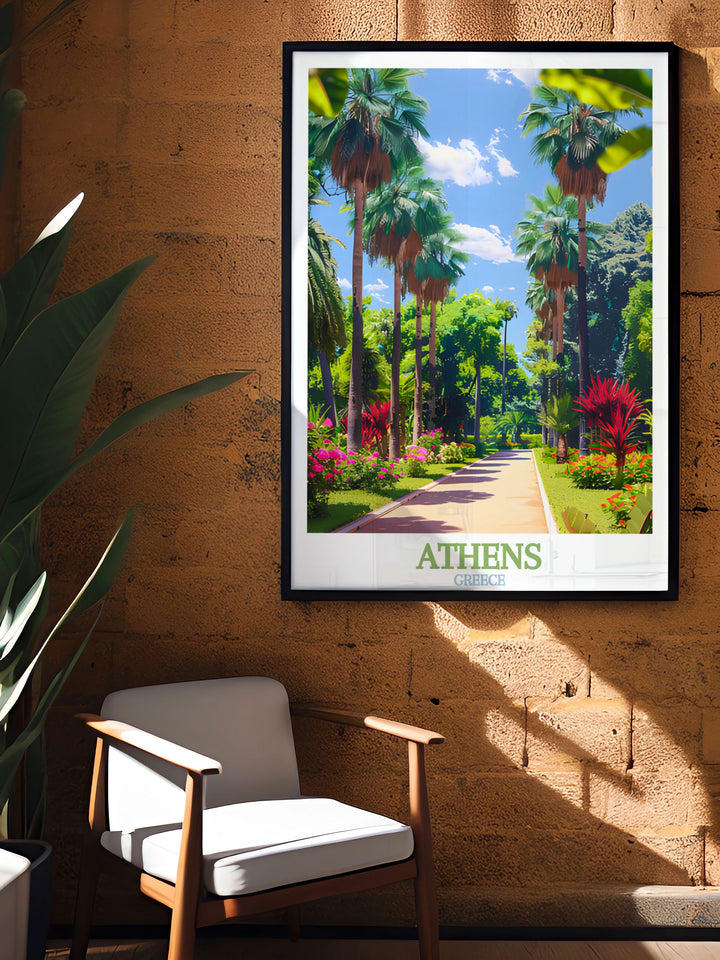 Greece island print featuring the lush landscapes of National Garden in Athens beautiful travel decor for home or office suitable for gifts for art lovers and travel enthusiasts