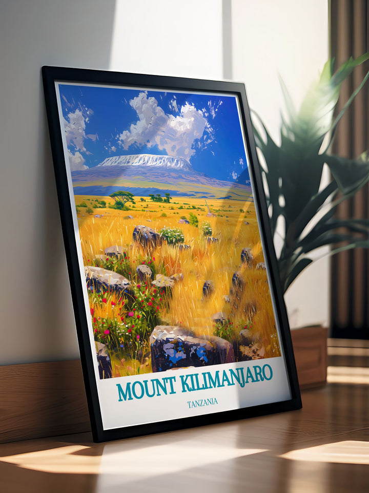 Tanzania art print featuring the Shira Plateau with detailed artwork ideal for creating an elegant atmosphere and serving as a memorable gift for travel enthusiasts.