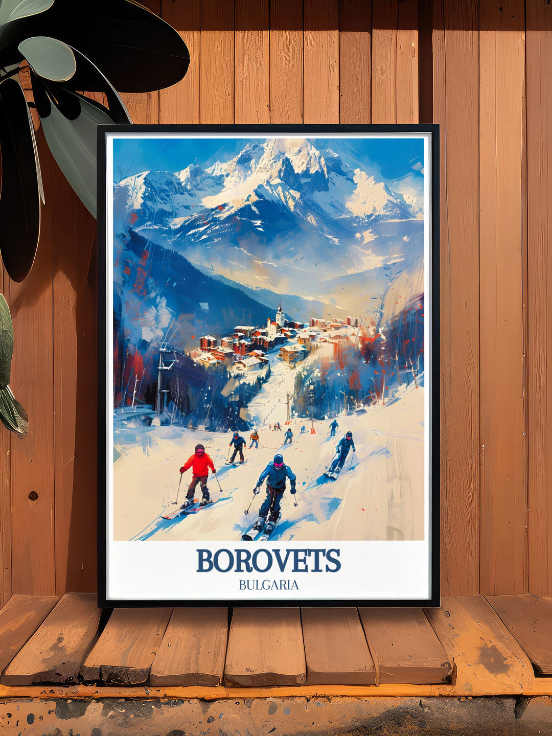 Captivating Borovets travel poster featuring the alpine resort and the majestic Musala Peak, perfect for adding Bulgarias natural charm and skiing culture to your decor.