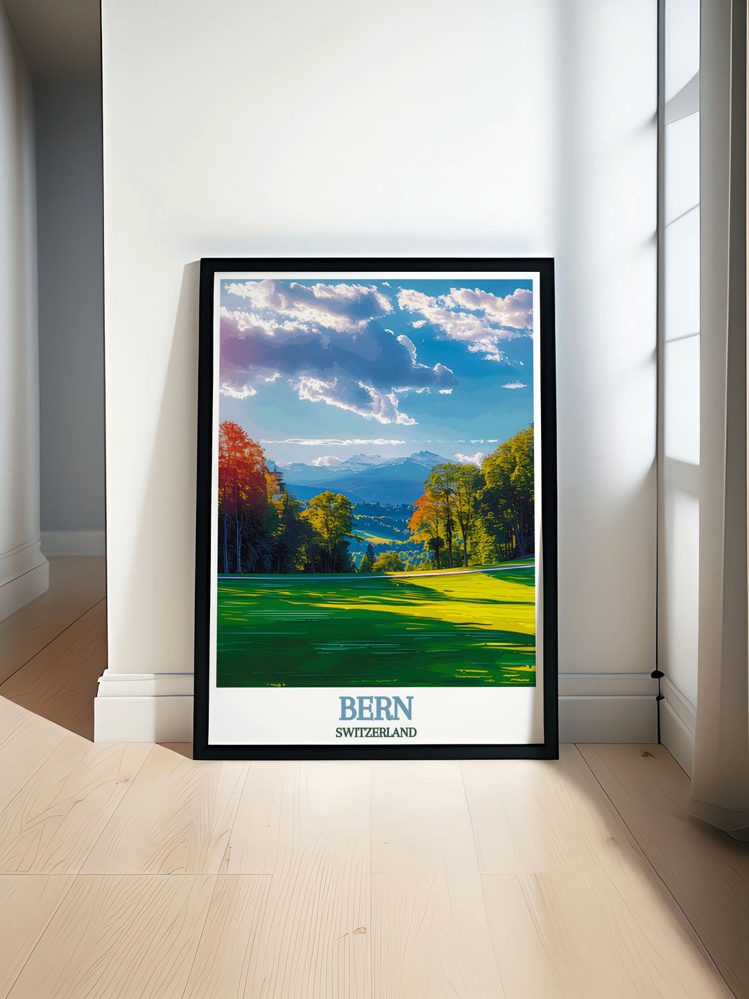 Featuring the lush greenery and historic bridges along the Aare River, this travel poster captures the natural beauty of Bern, ideal for those who appreciate scenic landscapes.