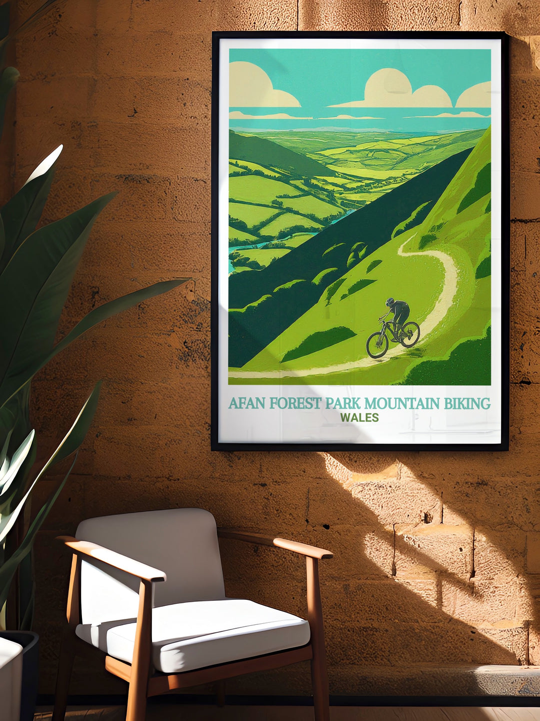 South Wales wall art showcasing the Skyline Trail in Afan Forest Park. This travel poster highlights the stunning vistas and dynamic mountain biking routes of South Wales, ideal for cyclists and nature enthusiasts.