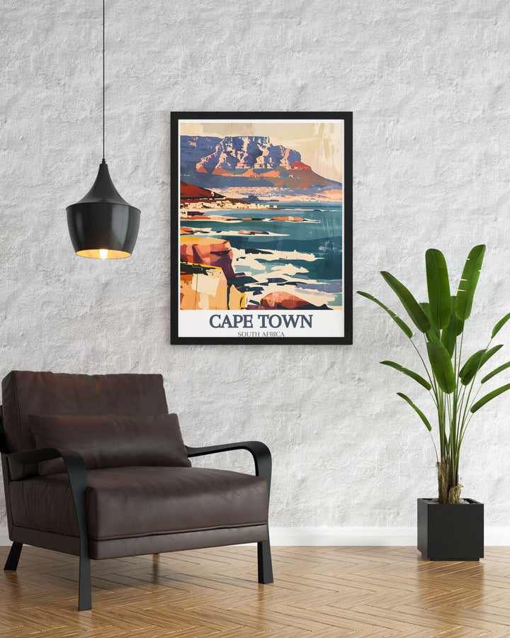 Cape Town Travel Poster highlights the sweeping views of the Cape of Good Hope and the towering peaks of Table Mountain. This artwork brings the spirit of Cape Town into your home, ideal for those who appreciate scenic landscapes and travel inspired decor.