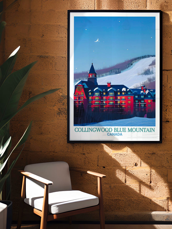 Collingwood Travel Print presents a detailed illustration of Blue Mountain Resort, one of Ontarios most scenic locations. This wall art is a beautiful addition to any home, ideal for anyone who loves the outdoors and wants to celebrate Canadas natural beauty.