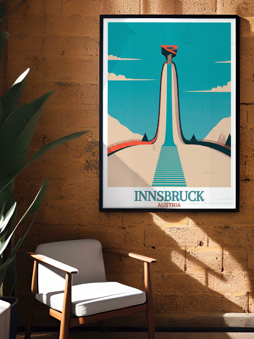 Innsbruck travel poster featuring the iconic Bergisel Ski Jump in Austria. This artwork highlights the beauty of the Alps and the citys world class sporting history, perfect for your home décor.